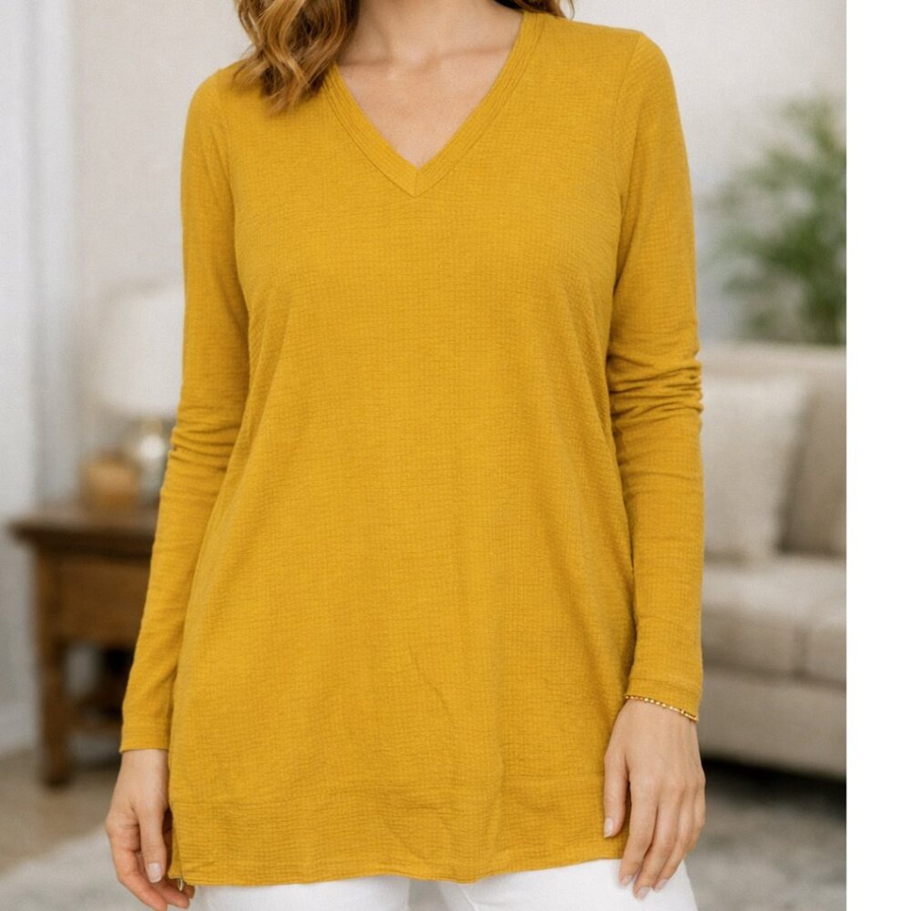 NWT Adrianna Papell Women's Long Sleeve V-Neck Tunic Shirt Yellow Mustard Size S